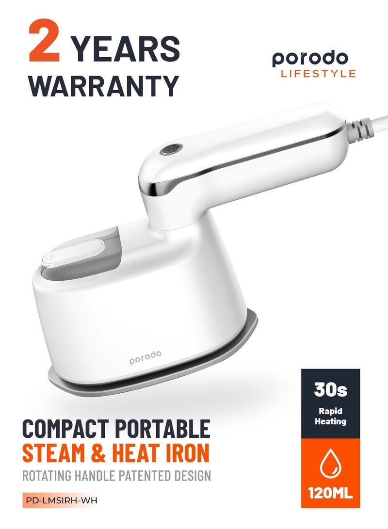 porodo Compact Portable Steam & Heat Iron with Rotating Handle for travel with 120ml Water Tank Capacity/ Ceramic Soleplate / Handheld Steam / Flat Iron Dry & Wet / Garment Steamer 1100W - White - Image 1